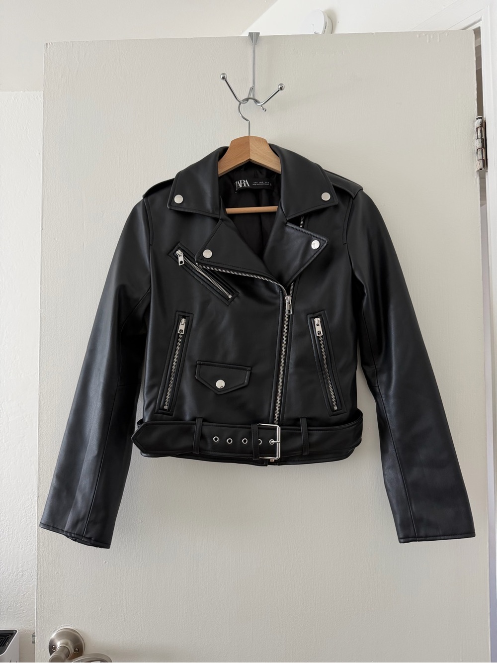 Zara Black Faux Leather Jacket with Belted Waist